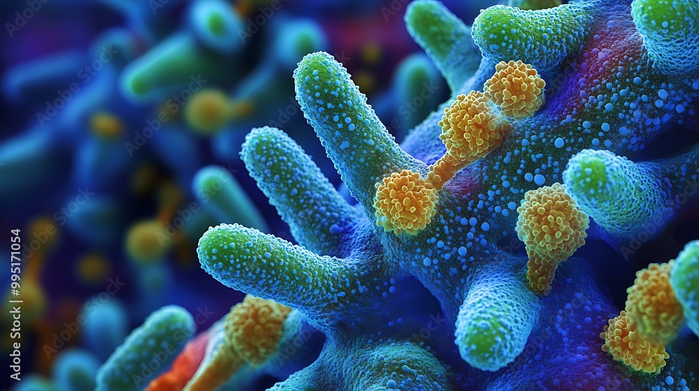 Naklejka premium Virus Binding to Lung Cells A detailed view of virus particles binding to receptors on lung epithelial cells, showing the early stages of infection.