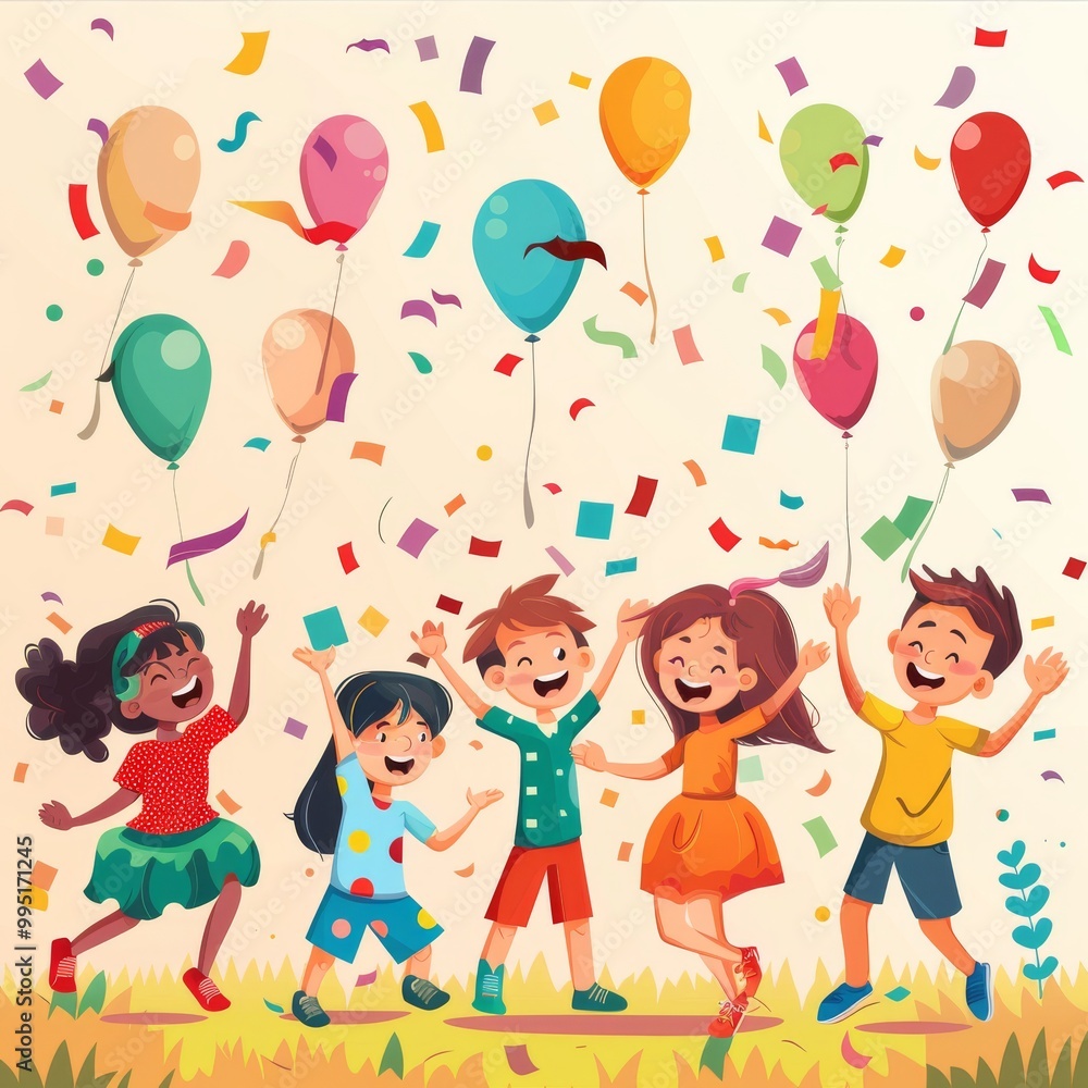 A group of children are playing with balloons and confetti A group of children are playing with balloons and confetti