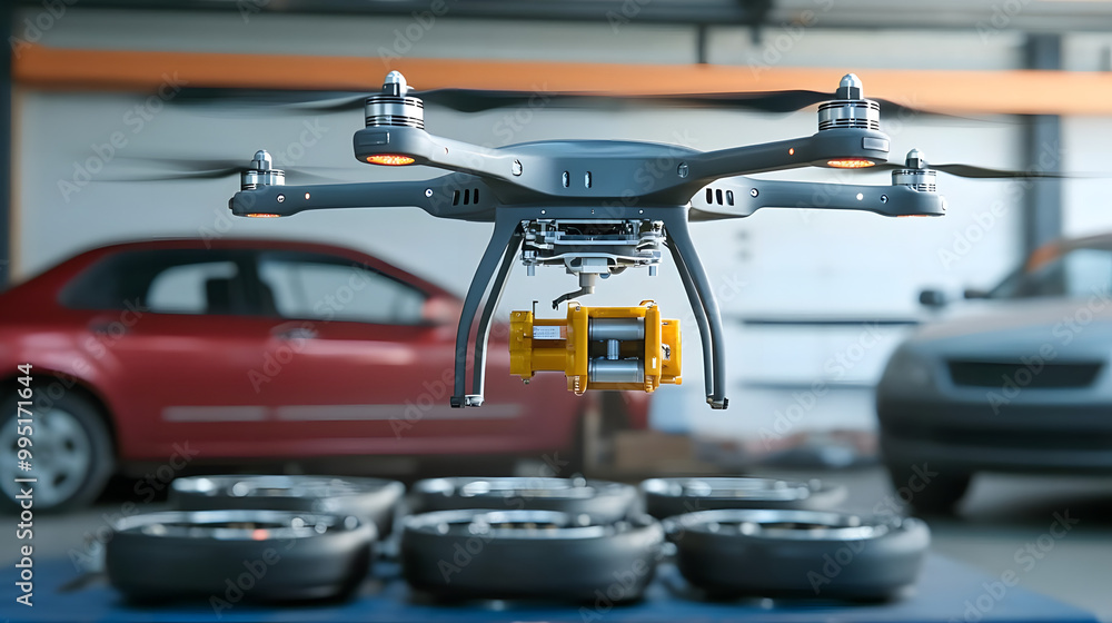 Drone Equipped with Payload Flying Over a Workshop with Cars in the Background Drone Equipped with Payload Flying Over a Workshop with Cars in the Background