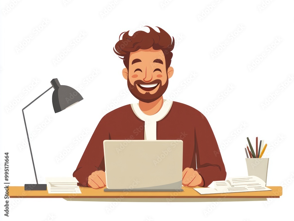 Smiling Man Working at Desk with Laptop Smiling Man Working at Desk with Laptop