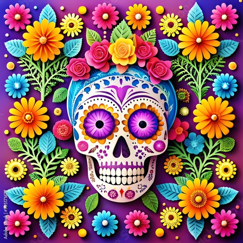 Mexican day of the dead background with paper cut scull and flower. Generative ai