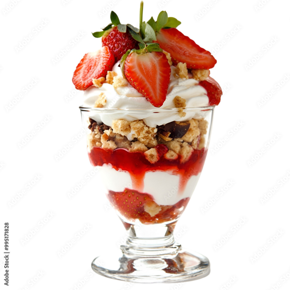 There is a dessert in a glass bowl with strawberries and whipped cream PNG cutout isolated on white background. There is a dessert in a glass bowl with strawberries and whipped cream PNG cutout isolated on white background.