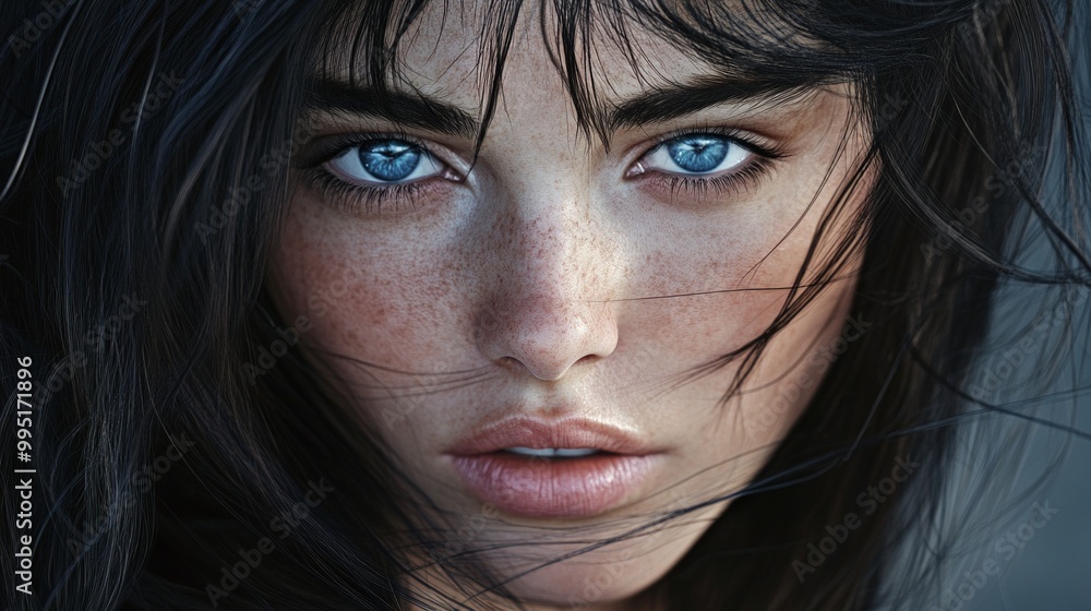 Portrait of a young woman with striking blue eyes and flowing black hair, captured in stunning detail, showcasing her captivating gaze and dynamic expression in vibrant clarity. Portrait of a young woman with striking blue eyes and flowing black hair, captured in stunning detail, showcasing her captivating gaze and dynamic expression in vibrant clarity.