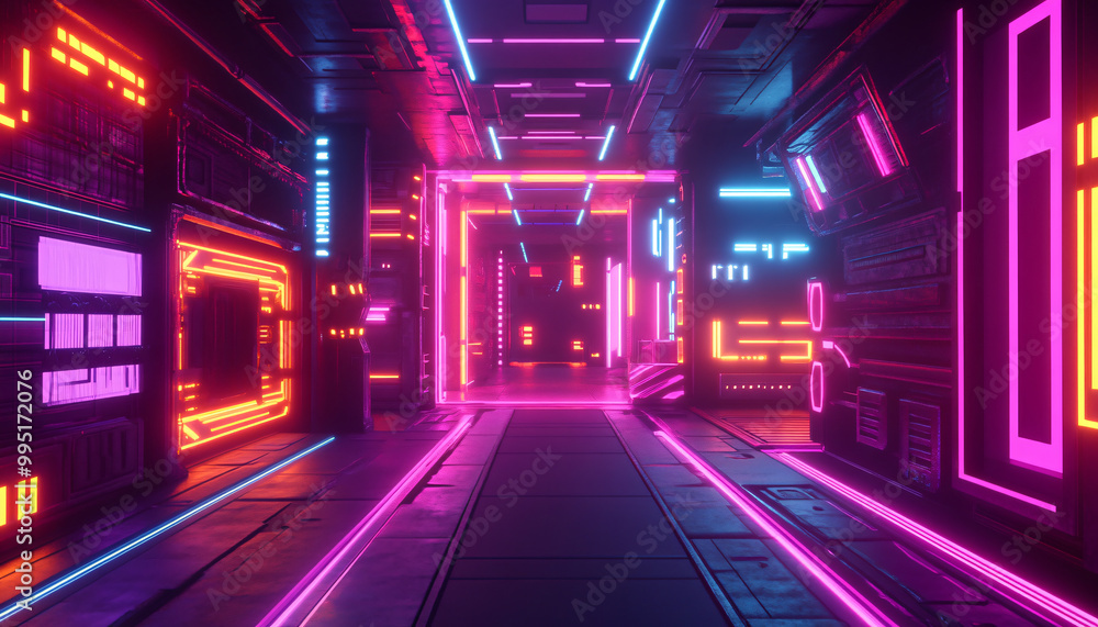  Bright, glowing neon signs in various shapes and colors, with a futuristic, cyberpunk-style backdrop