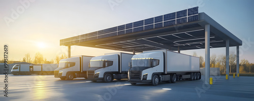 Electric Trucks Charging Under a Solar Panel Canopy at a Modern Charging Station