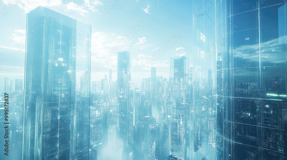 A futuristic cityscape, where the buildings are made of glass and light A futuristic cityscape, where the buildings are made of glass and light