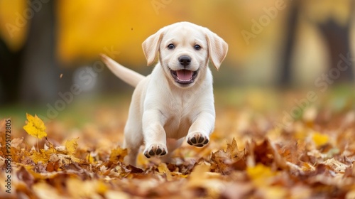 Playful Labrador Retriever Puppy in Autumn Leaves, a joyful puppy frolicking through colorful fallen leaves, embodying carefree energy and the spirit of the season.