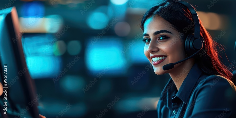 Smiling woman with headset at computer, modern workspace, portrait. Smiling woman with headset at computer, modern workspace, portrait.