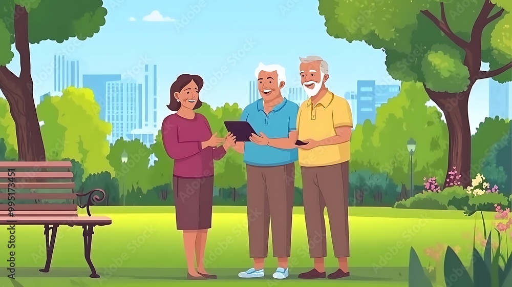 Three people are standing in a park, two men and a woman, discussing something on a tablet, with a wooden bench in the foreground and tall buildings in the background. Three people are standing in a park, two men and a woman, discussing something on a tablet, with a wooden bench in the foreground and tall buildings in the background.