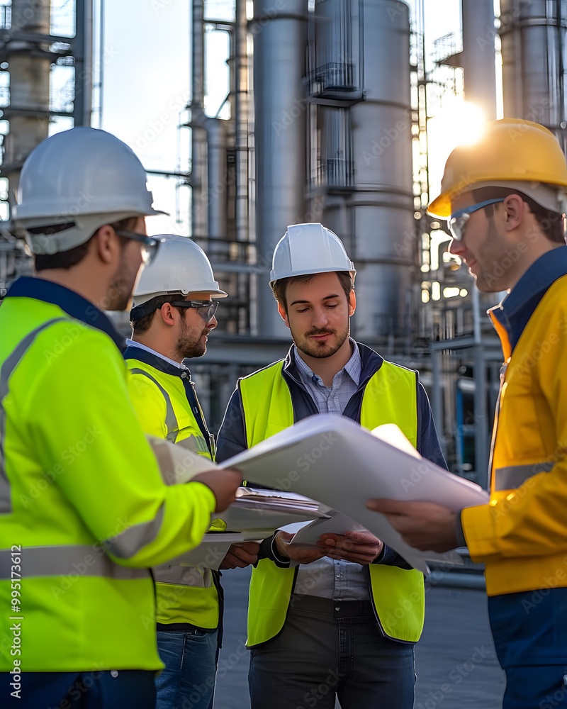 Team of Engineers Collaborating on Project Plans at an Industrial Site Team of Engineers Collaborating on Project Plans at an Industrial Site