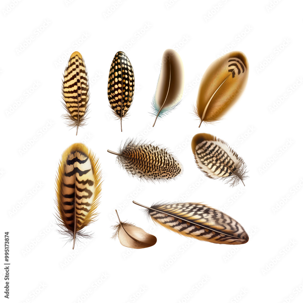 Collection of Colorful Bird Feathers Isolated on White Background