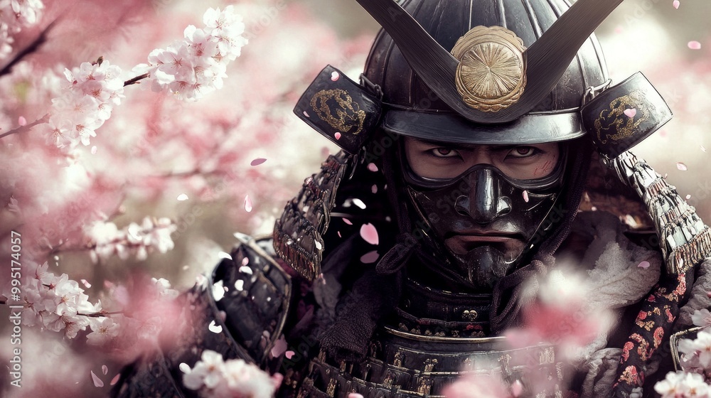 Obraz premium Stoic Samurai Amidst Cherry Blossoms, a resolute warrior clad in ornate battle armor, exuding strength and focus, surrounded by delicate pink petals dancing in the breeze