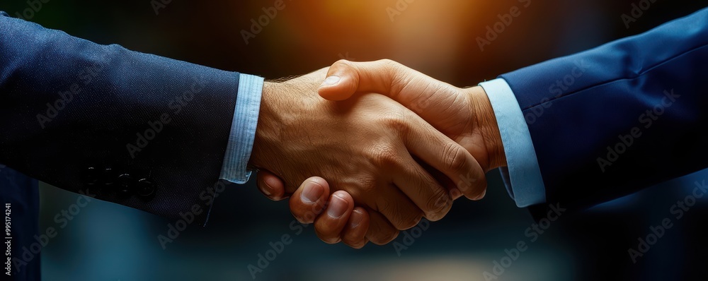 Two hands shaking in business agreement, professional setting Two hands shaking in business agreement, professional setting