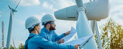 Engineers Reviewing Plans Next to a Wind Turbine on a Renewable Energy Site