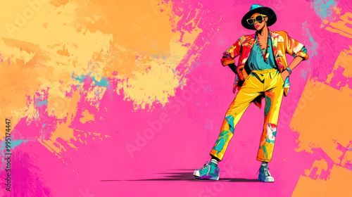 Fashionable woman posing with hands on hips on colorful background