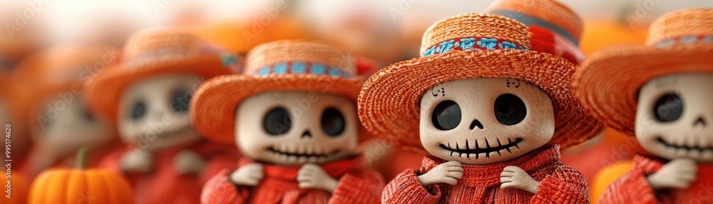 Colorful skeletons in hats with pumpkins create a festive autumn scene, perfect for Halloween and Day of the Dead themes. Colorful skeletons in hats with pumpkins create a festive autumn scene, perfect for Halloween and Day of the Dead themes.
