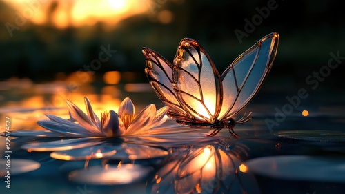 A delicate butterfly rests on a water lily, illuminated by soft sunset light, reflecting nature's beauty and tranquility. photo