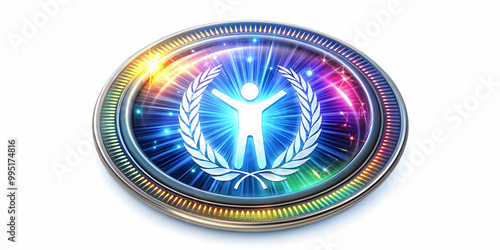 3D Glowing Human Rights Badge with Abstract Digital Burst - Vibrant Symbol of Advocacy and Justice for Human Rights Day, Isolated on White Background