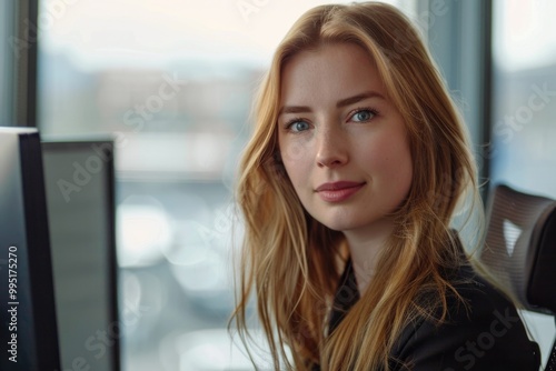 Confident Computer. Portrait of a Young Businesswoman Working in Office photo