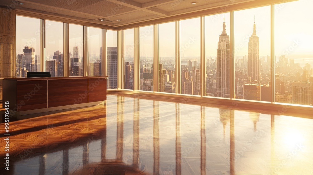 Fototapeta premium An empty executive office with polished floors, a large wooden desk, and floor-to-ceiling windows revealing a sprawling cityscape, illuminated by warm, midday sunlight