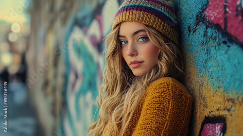 Young Woman in Colorful Beanie and Sweater Standing by a Graffiti Wall