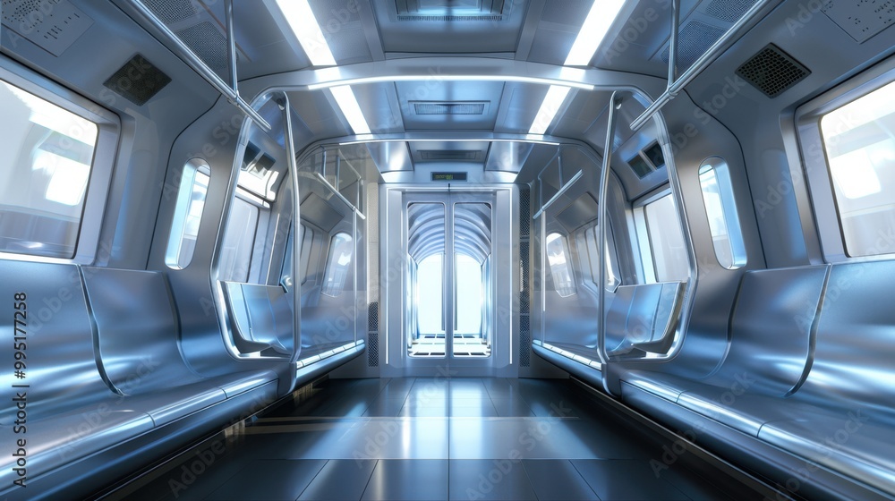 Subway Train Car: A contemporary metal vehicle featuring sliding doors and a brightly lit interior, equipped with handrails and comfortable seating for riders.
Subway Train Car: A contemporary metal vehicle featuring sliding doors and a brightly lit interior, equipped with handrails and comfortable seating for riders.