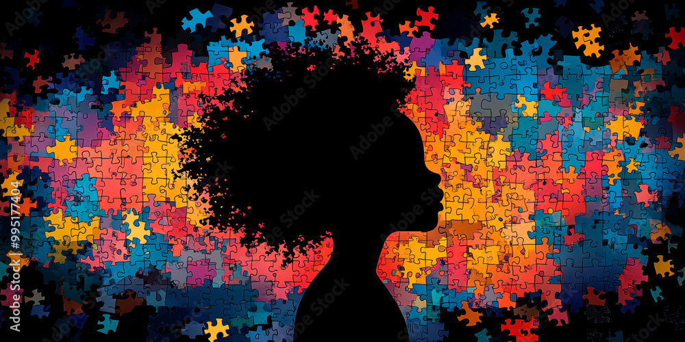 Obraz premium Silhouette of a child against a vibrant puzzle background, symbolizing the complexities of child psychology and development