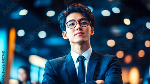 Young asian businessman standing with arms crossed in office