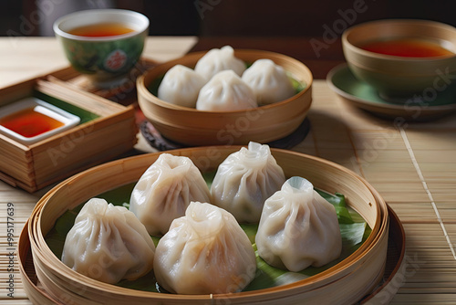 Steamed dumplings asian dim sum in bamboo steamer, chinese cuisine