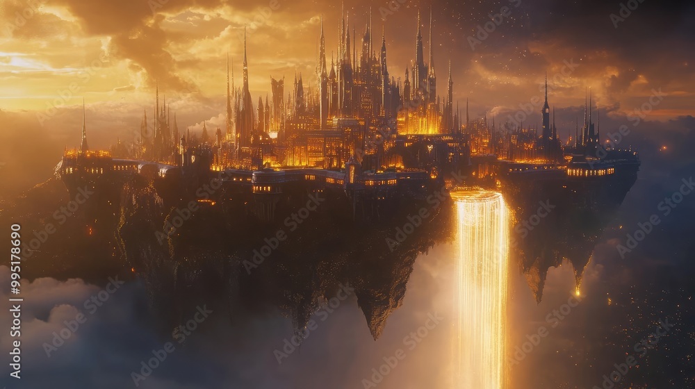 Fototapeta premium A giant floating castle with glowing turrets and a waterfall of light flowing from it