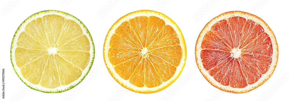 Obraz premium Set of three round citrus slices (lime, orange, grapefruit), isolated on transparent cutout background