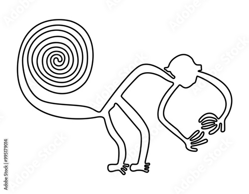 The Monkey. Nazca Lines in the desert of southern Peru. Ape motif made of a single continuous line. Geoglyph, approx. 90 m wide, can only be seen from high places, created between 500 BC and 500 AD.