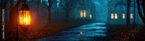 A tranquil evening scene featuring an illuminated lantern along a misty path with gentle light from nearby windows.