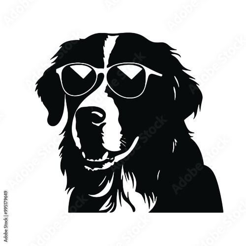 Trendy Bernese Mountain Dog with Sunglasses Silhouette Vector Illustration Transparent Background