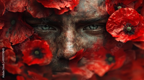 A man's face is covered in red flowers