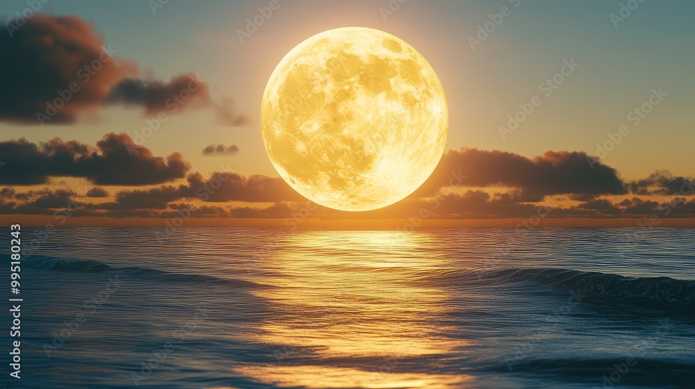 A giant, glowing moon rising over a calm ocean, casting its light on the waves below A giant, glowing moon rising over a calm ocean, casting its light on the waves below