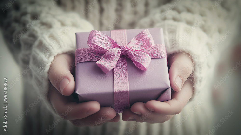 Hands Holding a Small Gift Box Wrapped with Pink Ribbon Hands Holding a Small Gift Box Wrapped with Pink Ribbon