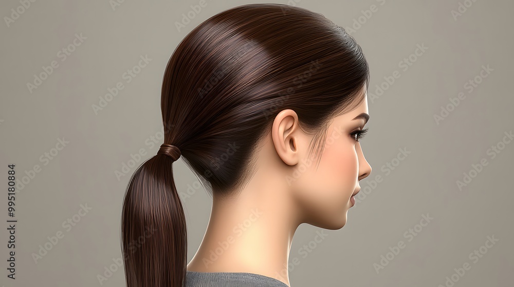 Sleek low ponytail with a polished finish, hyper real, high quality, sharp images, graphic, illustration Sleek low ponytail with a polished finish, hyper real, high quality, sharp images, graphic, illustration