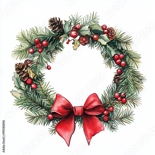 Watercolor illustration. Christmas wreath made of pine branches, pine cones, red berries and red bows. Christmas wreath isolated on a white background.