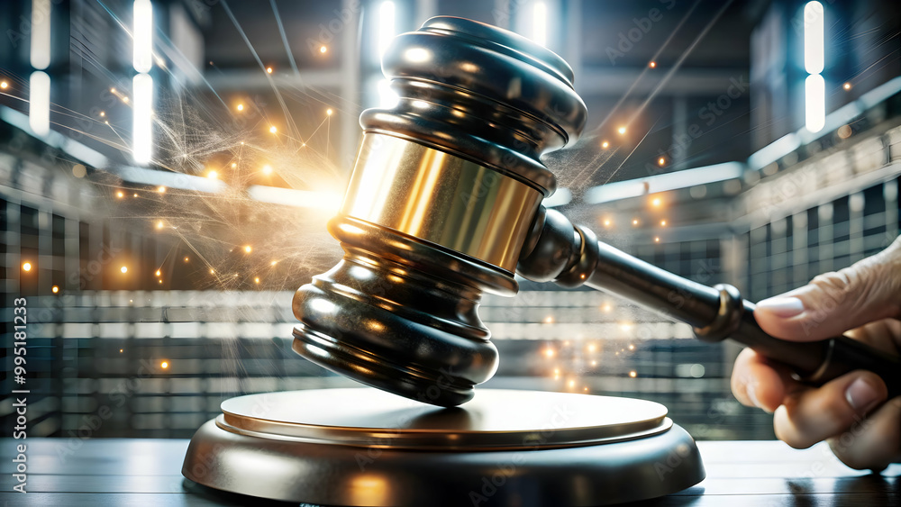 Close-Up of a Glowing Digital Gavel Striking a Block Symbolizing Justice, Legal Rights, and Equality for Human Rights Day - Macro Shot Highlighting Fairness Close-Up of a Glowing Digital Gavel Striking a Block Symbolizing Justice, Legal Rights, and Equality for Human Rights Day - Macro Shot Highlighting Fairness