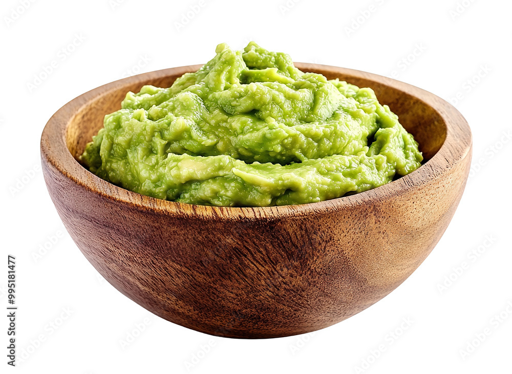 Guacamole in a wooden bowl, delicious, isolated on transparent cutout background Guacamole in a wooden bowl, delicious, isolated on transparent cutout background