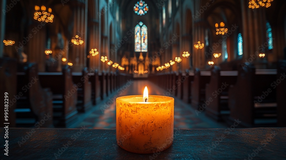 A single candle burning in a church aisle. A single candle burning in a church aisle.