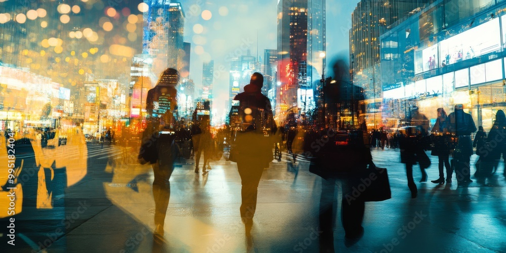 Obraz premium Urban Nightlife: Blurred Silhouettes of People Walking in a Vibrant Cityscape