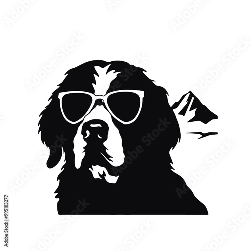 Sunglasses-Wearing Bernese Mountain Dog Silhouette – Vector Illustration, Transparent Background