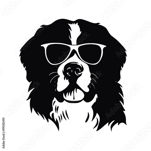 Sunglasses-Wearing Bernese Mountain Dog Silhouette – Vector Illustration, Transparent Background