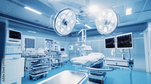 Modern operating room, futuristic medical equipment, surgical lights, hospital bed, sterile environment, blue tint, advanced monitors, medical carts, high-tech machinery, clean lines, spacious interio photo