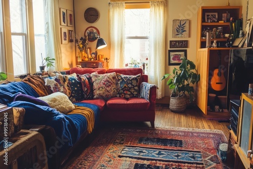 Cozy living room, Cluttercore style, eclectic decor, vibrant colors, charming, whimsical, warm, inviting photo