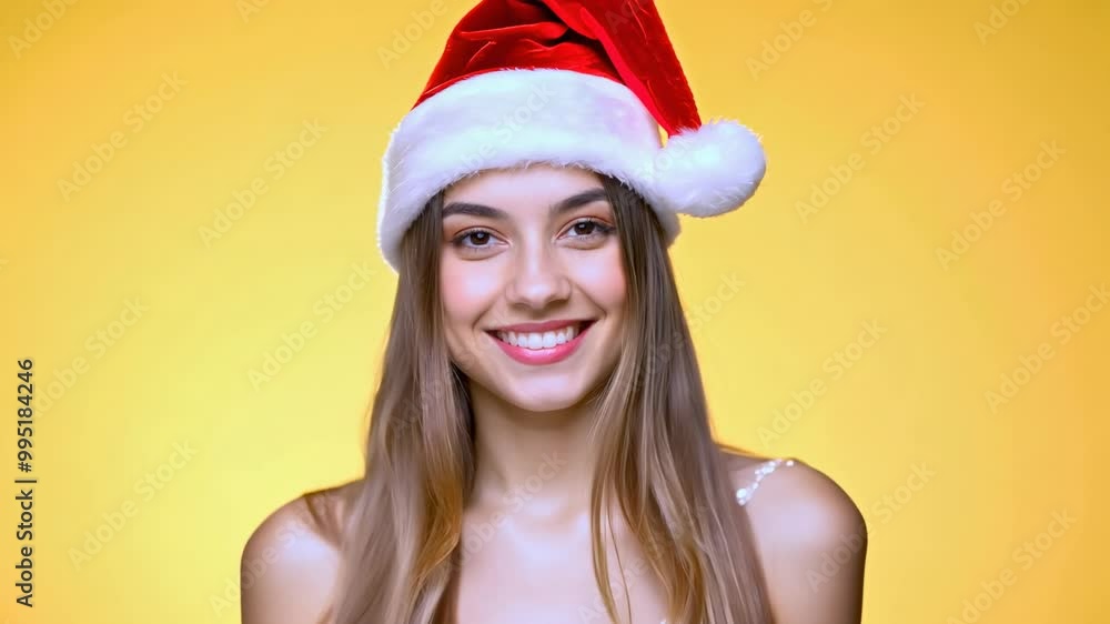 Caucasian young woman in Santa hat over yellow background. She is laughing and looking at camera. With a twinkle in her eye, she rocks her Santa hat, ready to celebrate the festivities. Caucasian young woman in Santa hat over yellow background. She is laughing and looking at camera. With a twinkle in her eye, she rocks her Santa hat, ready to celebrate the festivities.