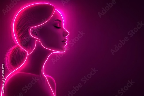 Glowing side profile of a woman in a pink neon silhouette symbolizing digital creativity individuality and modern technology