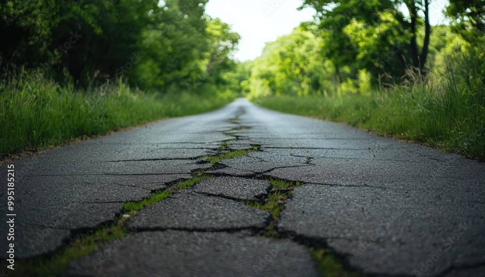 Cracked road surrounded by lush greenery, showcasing nature's reclaiming of urban spaces. Cracked road surrounded by lush greenery, showcasing nature's reclaiming of urban spaces.